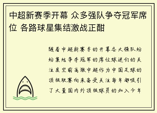 中超新赛季开幕 众多强队争夺冠军席位 各路球星集结激战正酣