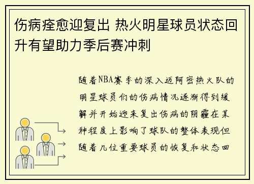 伤病痊愈迎复出 热火明星球员状态回升有望助力季后赛冲刺