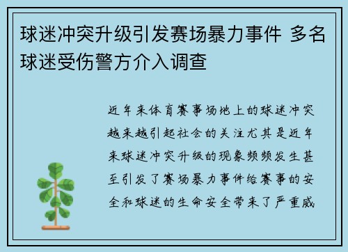 球迷冲突升级引发赛场暴力事件 多名球迷受伤警方介入调查